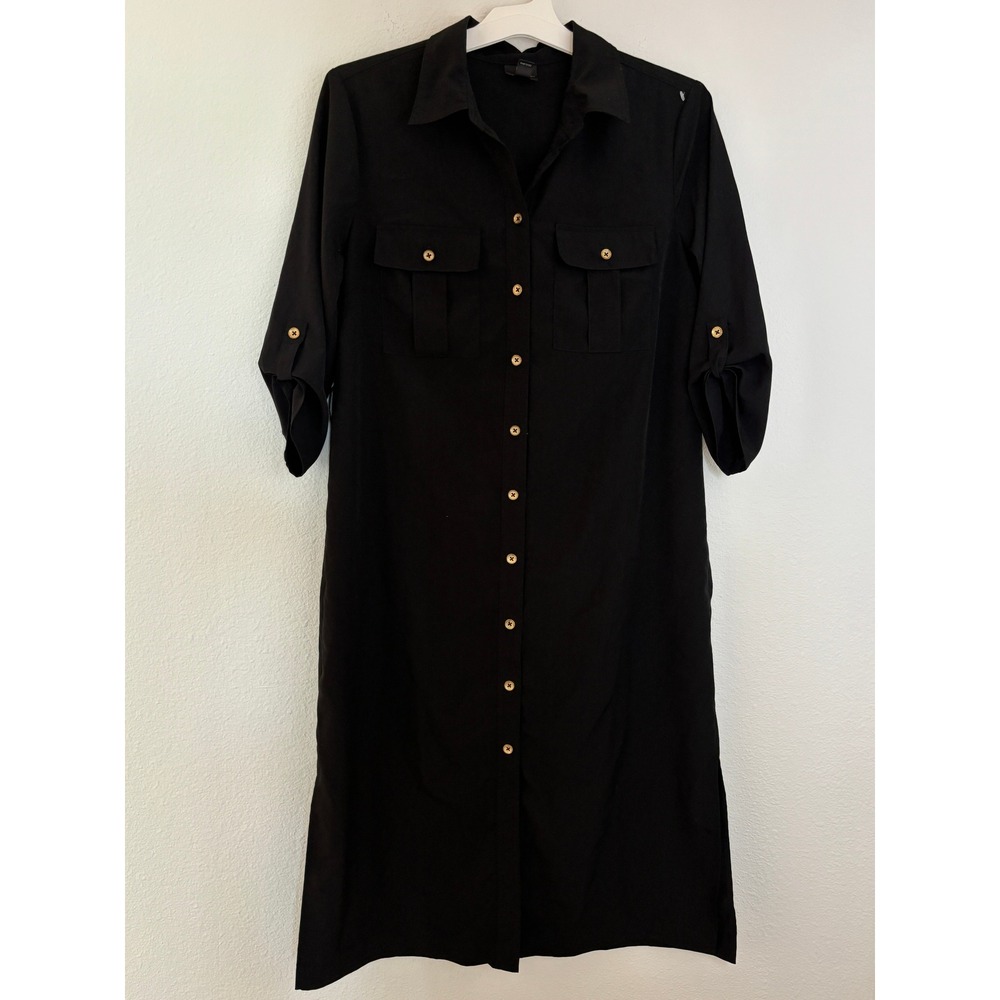 Worthington Black Button Down Shirt Dress‎ Roll Tab Sleeve Midi Size M
